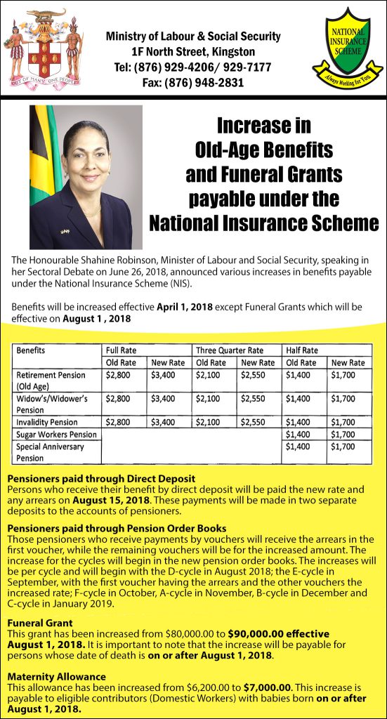 Increase in OldAge Benefits & Funeral Grants payable under NIS Ministry of Labour and Social